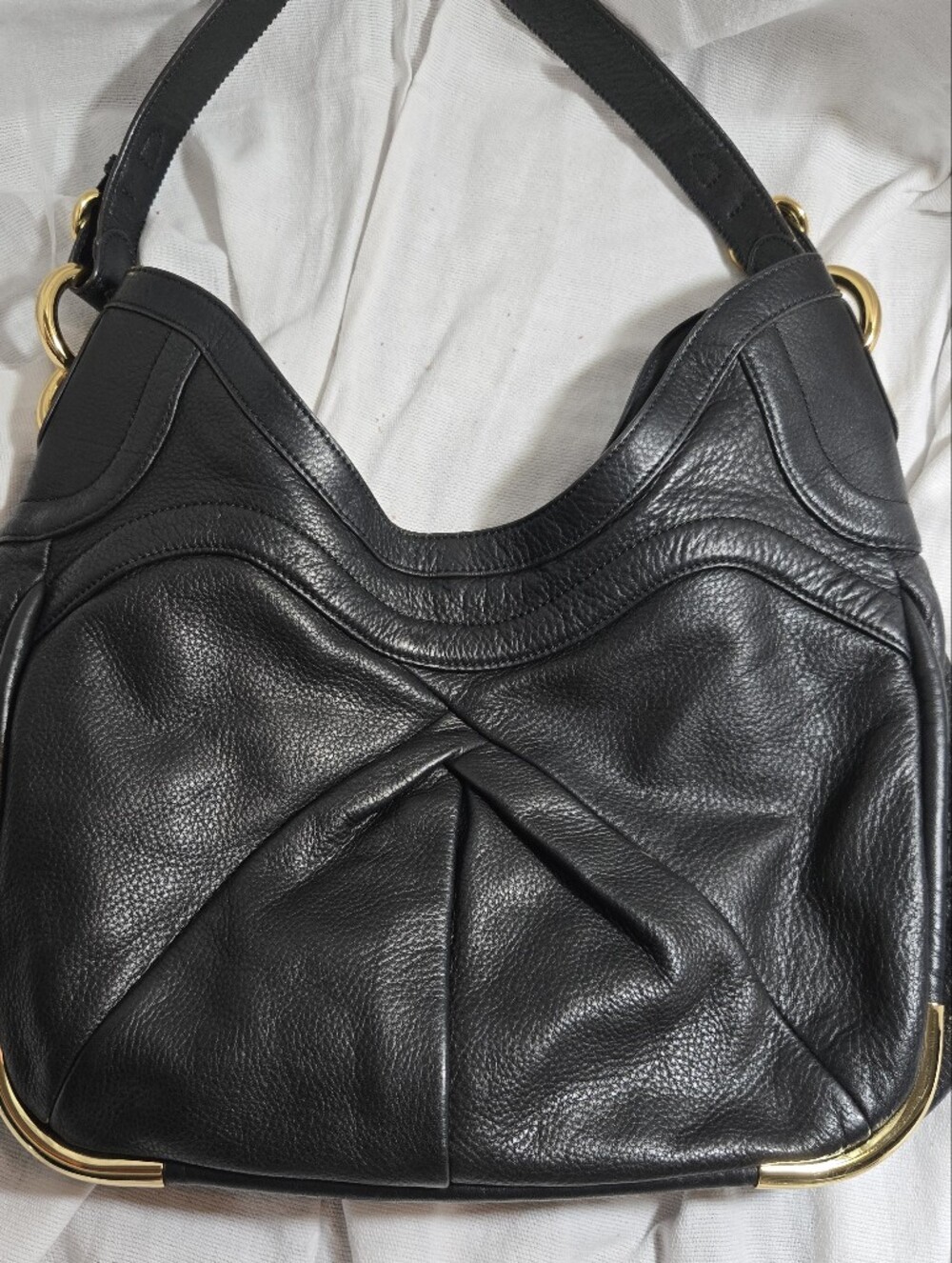 Black Leather Shoulder Bag with Gold Accents
